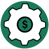 cost effective performance icon with large white gear and a dollar sign in the middle