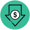 Keep costs low by scaling as you grow icon with an arrow pointing down and a dollar sign