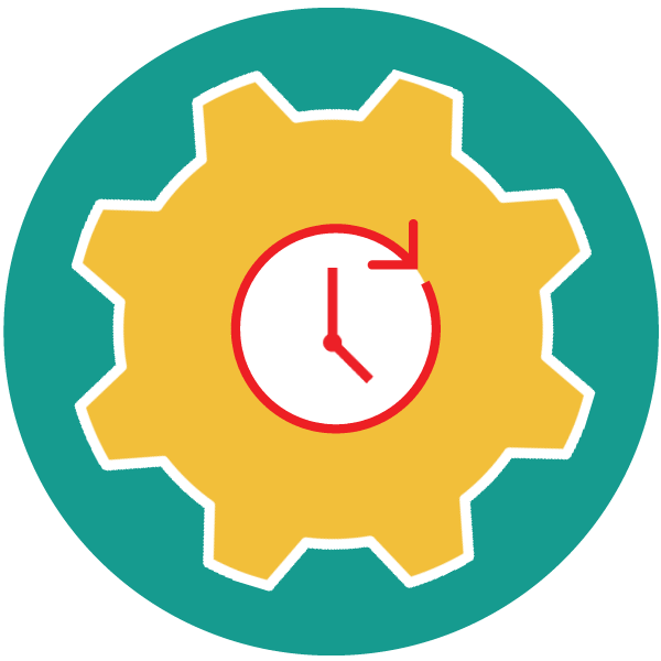 green circle icon with a yellow gear and clock