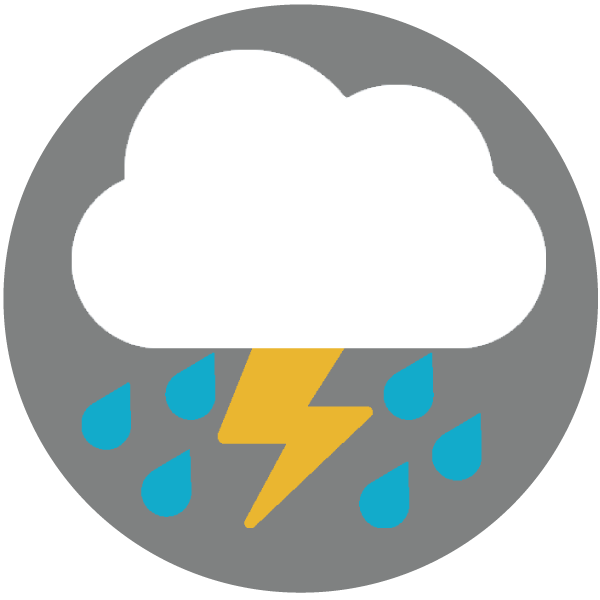 gray circle icon with cloud and yellow thunder and rain drops