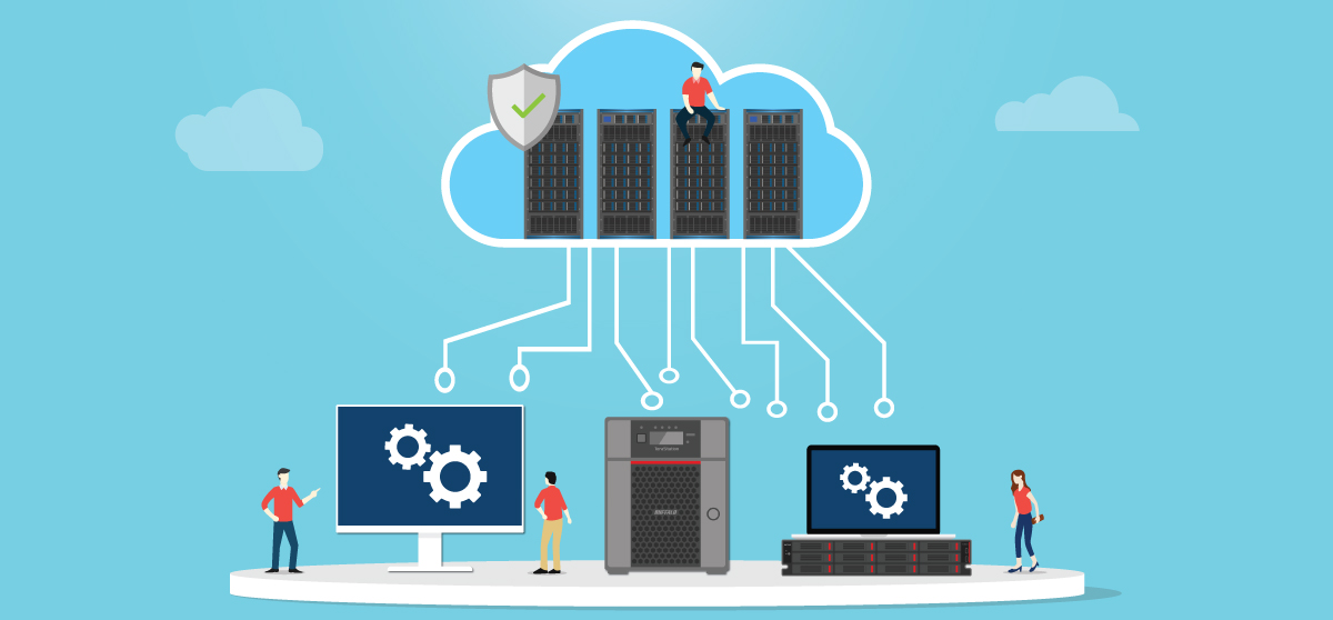 Cloud with servers connecting to technology devices