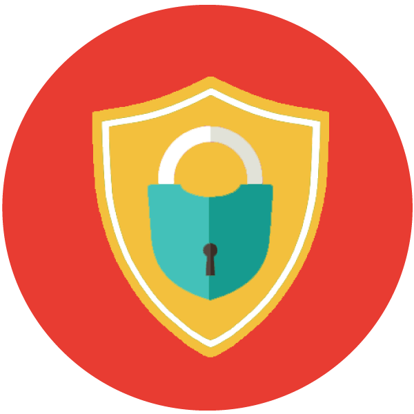 red circle icon with a yellow shield and green padlock in the middle
